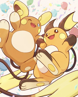 ambiguous_gender anthro balloon blue_eyes brown_eyes confetti duo featureless_crotch happy inflatable looking_at_viewer low-angle_view one_eye_closed open_mouth orange_body pawpads paws semi-anthro simple_background tail tongue wide_crotch raaaichupudding nintendo pokemon alolan_form alolan_raichu generation_1_pokemon generation_7_pokemon pokemon_(species) raichu regional_form_(pokemon) 2026 absurd_res hi_res