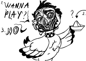 collar eyeshadow feral fur hair lips looking_at_viewer makeup nightmare_fuel solo standing tongue toony wings eyescutout anatid anseriform avian bird duck hi_res monochrome shaded