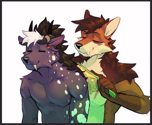 anthro brush male male/male shirtless_male smile solo ruthert4 final_fantasy square_enix ash_harden nanabi_ashiro behemoth_(final_fantasy) canid canine fox mammal