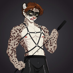 5_fingers abs accessory anthro athletic athletic_anthro athletic_male claws clothed clothed_anthro clothed_male clothing finger_claws fingers fur grey_body grey_fur hair harness humanoid_hands leather leather_harness licking licking_lips licking_own_lips male markings mask multicolored_body multicolored_fur navel nipples pink_nose red_hair riding_crop smile solo spots spotted_body spotted_fur tongue tongue_out two_tone_body two_tone_fur wearing_mask whip white_body white_fur whiskerwonders cameron_monroe felid mammal pantherine snow_leopard hi_res