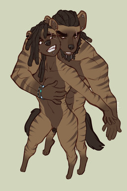 4_toes 5_fingers anthro dreadlocks duo ear_piercing eye_scar eyebrows eyelashes facial_scar feet female fingers genitals intraspecies male nude penis piercing scar selfcest simple_background size_difference square_crossover standing toes vulva faint hyena mammal striped_hyena 2019 digital_media_(artwork)