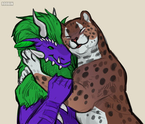 ambiguous_feral ambiguous_gender anthro blep brown_body cheek_spikes closed_smile duo eyes_closed facial_spikes facial_spots female female_anthro feral green_eyes green_hair green_sclera hair horn hug mouth_closed purple_body red_tongue side_view simple_background smile spikes spikes_(anatomy) spotted_face spotted_legs spotted_neck tongue tongue_out white_body white_horn roobin mythology roobin_(character) dragon felid mammal mythological_creature mythological_scalie scalie hi_res