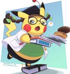 abstract_background anthro belly belly_peeking_out big_belly black_body black_bottomwear black_clothing black_footwear black_hat black_headwear black_nose black_pants black_shoes bodily_fluids book bottomwear brown_eyes brown_hair candy cleft_tail clothed clothing coat cosplay_pikachu_(costume) dessert dipstick_ears dipstick_tail doughnut ear_markings emanata exclamation_point eyelashes eyewear female fingers flash_emanata flat_chested food footwear glasses green_clothing green_topwear green_vest hair hat headgear headwear heart_tail holding_book holding_object markings multicolored_body multicolored_ears open_clothing open_coat open_mouth open_topwear overweight overweight_anthro overweight_female pants partially_clothed pastry pigtails pink_tongue plate pockets raised_tail red_body round_glasses shadow shirt snaggle_tooth solo speech_bubble surprised_expression sweat sweatdrop tablet_computer tail tail_markings three-quarter_view tongue topwear tripping vest wearing_glasses white_clothing white_coat white_shirt white_topwear yellow_body nawa nintendo pokemon pikachu_ph._d generation_1_pokemon mammal pikachu pokemon_(species) 2025 dated digital_media_(artwork) full-length_portrait portrait shaded signature soft_shading