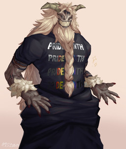 beard braided_beard brown_body clothed clothing facial_hair hair horn lgbt_pride long_hair male sharp_teeth simple_background solo surgical_suture tattoo teeth text toothy_grin perciomu frieren_beyond_journey's_end lgbt_pride_month qual_(frieren) demon humanoid hi_res