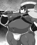 anthro asian_clothing axe belly big_belly clothing east_asian_clothing fundoshi humanoid_hands japanese_clothing kemono male mature_male moobs musclegut muscular navel nipples one_eye_closed overweight overweight_male scar solo underwear 12beat13 bear mammal 2024 hi_res monochrome