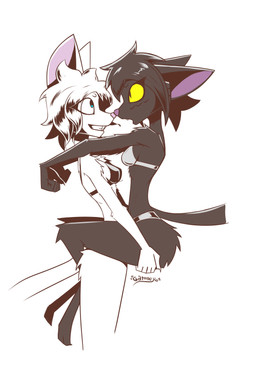 anthro biped black_body black_bra black_clothing black_fur black_hair black_underwear blue_eyes bra breasts clothed clothed_anthro clothed_female clothing duo eyeliner female female/female female_anthro fur grey_bra grey_clothing grey_underwear hair hand_on_butt looking_at_another looking_at_partner makeup monotone_body monotone_fur nose_to_nose short_hair simple_background slim slim_anthro slim_female small_breasts smile standing underwear underwear_only white_background white_body white_fur white_hair yellow_eyes gatonejo mono_(gatonejo) teresa_desalvo_(gatonejo) domestic_cat felid feline felis mammal 2026 absurd_res digital_drawing_(artwork) digital_media_(artwork) hi_res signature