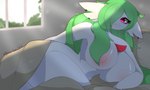 5:3 absurd_res anthro areola awintermoose bed bed_hair bed_sheet bedding big_breasts breasts chest_spike curvy_figure ear_piercing ear_ring female frowning_at_viewer furniture gardevoir generation_3_pokemon green_hair groggy hair hi_res light long_hair looking_at_viewer nintendo nipples on_bed piercing pokemon pokemon_(species) red_eyes ring_piercing solo spikes spikes_(anatomy) sunlight under_covers waking_up window