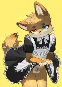 anthro biped blue_eyes blush blush_lines bodily_fluids bottomwear brown_body brown_fur chastity_cage chastity_device clothed clothing clothing_lift crossdressing dress dripping flat_chastity_cage flustered fur genital_fluids heterochromia kemono maid_apron maid_uniform male metal_chastity_cage no_underwear orange_eyes precum precum_drip shota skirt skirt_lift slim_anthro slim_male solo uniform white_body white_fur young young_anthro young_male fur_alasky canid canine canis mammal wolf 2025 absurd_res hi_res