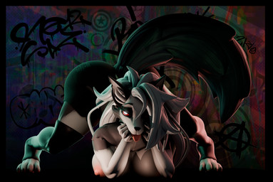 4_toes all_fours anthro areola big_breasts big_butt black_border black_bottomwear black_clothing black_eyeshadow black_legwear black_shorts black_thigh_highs border bottomwear breasts butt claws clothed clothing digitigrade eyeshadow feet female gesture glowing glowing_eyes graffiti hair hand_gesture inner_ear_fluff legwear long_hair looking_aside makeup middle_finger nipple_dip nipples notched_ear pink_areola pink_nipples red_sclera shorts smile smiling_at_viewer solo tail tail_aside thigh_highs toeless_thigh_highs toes tongue tongue_out topless topless_anthro topless_female tuft white_eyes white_hair zelyonka da.nilkaz_(modeler) hellaverse helluva_boss mythology loona_(helluva_boss) canid canid_demon canine demon hellhound mammal mythological_canine mythological_creature 2026 3d_(artwork) absurd_res digital_media_(artwork) full-length_portrait hi_res portrait watermark