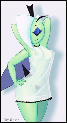 anthro areola biped breasts clothing eyes_closed female genitals green_body hand_on_hip lingerie multi_arm multi_limb pubes solo translucent translucent_clothing translucent_lingerie vulva wide_hips sirredbenjamin arthropod insect hi_res