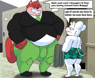 accessory anthro belly big_belly black_nose black_text bulge butt clothing dialogue locker_room male moobs necktie overweight overweight_male red_body red_nose shirt size_difference speech_bubble tail text topwear underwear white_body oceanrockz mappy goro_(mappy) mappy_(character) domestic_cat felid feline felis mammal mouse murid murine rodent 2026 english_text hi_res