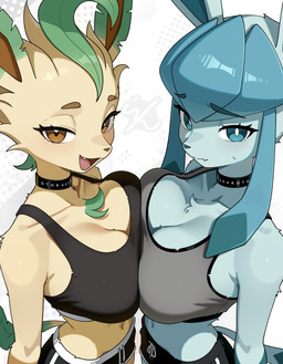 anthro anthrofied big_breasts biped black_bottomwear black_clothing black_shorts black_topwear blue_body blue_eyes blue_fur blue_nose blush blush_lines bottomwear breast_squish breasts breasts_frottage brown_eyes brown_nose choker cleavage clothed clothing dipstick_ears duo ear_markings eyelashes female front_view fur grey_clothing grey_topwear high-angle_view jewelry looking_at_viewer markings multicolored_ears navel necklace open_mouth open_smile pokemorph pose shorts smile snaggle_tooth squish standing tan_body tan_fur topwear wide_hips otokakoto nintendo pokemon eeveelution generation_4_pokemon glaceon leafeon pokemon_(species) absurd_res colored detailed hi_res portrait shaded three-quarter_portrait