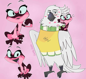 4_fingers 4_toes all_fours beak bent_arm black_eyebrows black_eyes blue_sclera blush blush_lines carrying_another closed_frown clothing duo eyebrows eyelashes feathered_wings feathers featureless_crotch feet female feral fingers floating_eyebrows frown frowning_at_viewer grey_beak interspecies kiss_mark kiss_mark_on_face larger_feral larger_male looking_at_viewer male male/female male_feral mouth_closed multicolored_body multicolored_skin neck_tuft on_shoulder open_mouth open_smile outline pink_body pink_skin purple_background purple_tongue red_body red_skin semi-anthro simple_background size_difference sleeveless_sweater smaller_female smile smiling_at_viewer standing sweater tail tail_feathers talons tired_eyes toes tongue topwear tuft white_body white_feathers white_outline white_tail white_wings wings yellow_clothing yellow_sweater yellow_topwear wolflly10 blue_sky_studios rio_(series) gabi_(rio) nigel_(rio) amphibian avian bird cacatua cockatoo frog mimic_poison_frog parrot sulphur-crested_cockatoo 2025 colored digital_drawing_(artwork) digital_media_(artwork) english_description hi_res multiple_images shaded