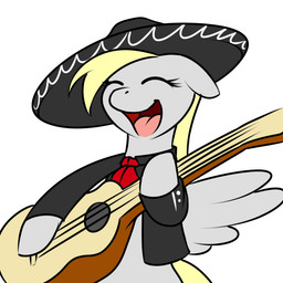 acoustic_guitar blonde_hair clothing feathered_wings feathers female grey_body grey_feathers guitar hair happy hat headgear headwear long_hair mariachi music musical_instrument playing_guitar playing_music plucked_string_instrument simple_background solo sombrero string_instrument white_background wings kloudmutt friendship_is_magic hasbro my_little_pony mythology derpy_hooves_(mlp) equid equine mammal mythological_creature mythological_equine pegasus 1:1 digital_media_(artwork)
