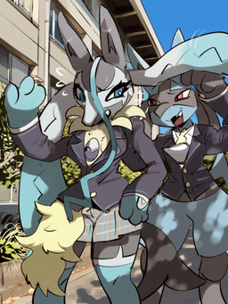 ambiguous_gender anthro black_body black_fur blue_body blue_ears blue_eyes blue_fur blue_sky bottomwear clothing curvy_figure day duo eyelashes female fingers fur grey_body grey_bottomwear grey_clothing grey_ears grey_fur grey_skirt metal open_mouth outside red_eyes school_uniform shadow skirt sky spikes teeth tongue uniform yellow_body yellow_fur kusochibikemona nintendo pokemon pokemon_legends_z-a canid canine generation_4_pokemon generation_9_pokemon lucario mammal mega_evolution mega_lucario_z pokemon_(species) 3:4 absurd_res hi_res