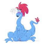 anthro aroused blue_body bodily_fluids dialogue female flat_chested genital_fluids genitals hair in_heat long_neck presenting presenting_pussy pussy red_hair solo spread_legs spreading text tsundere vaginal_fluids mhdrawin disney wander_over_yonder sylvia_(wander_over_yonder) alien zbornak 2022 english_text hi_res