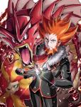 blue_eyes clothed clothing evolutionary_stone feral fire group hair human_focus looking_at_viewer male mega_stone not_furry_focus orange_hair red_body red_skin ring pokemoa nintendo pokemon team_flare lysandre_(pokemon) generation_1_pokemon generation_6_pokemon gyarados human mammal pokemon_(species) pyroar shiny_pokemon