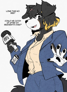 anthro black_body black_fur black_nose blue_bottomwear blue_clothing bottomwear breasts clothed clothing curvy_figure dyed_fur ear_piercing electronics female floppy_ears fur highlights_(coloring) holding_microphone holding_object jacket jewelry looking_at_viewer microphone multicolored_body multicolored_fur necklace open_clothing open_hand open_mouth pawpads piercing shirt simple_background skirt solo tail tan_clothing tan_topwear text topwear tuft white_background white_body white_clothing white_fur conditional_dnp sonokido ventura_city_drifters lucy_adams border_collie canid canine canis collie domestic_dog herding_dog mammal pastoral_dog sheepdog 2026 digital_drawing_(artwork) digital_media_(artwork) english_text hi_res portrait three-quarter_portrait