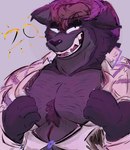 anthro black_body black_fur blush clothed clothing fangs fur hair hat headgear headwear male musclegut muscular pecs pubes purple_body purple_fur purple_hair simple_background smile smiling_at_viewer solo taking_off_shirt teeth unbuttoned undressing white_clothing fluffos hayny_(character) canid canine canis mammal wolf absurd_res hi_res