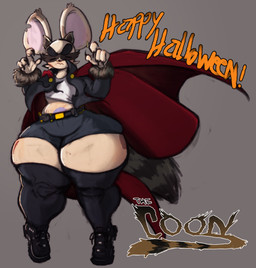 anthro belt big_ears boots bottomwear cape claws clothing cosplay costume ear_piercing ear_ring eyebrows female food footwear holidays huge_hips huge_thighs jacket mask piercing raccoon_tail ring_piercing shoes shorts shortstack solo thick_eyebrows thick_thighs topwear utility_belt wide_hips umeroart comedy_central halloween south_park the_coon vanella_doughrothy chinchilla chinchillid food_creature mammal rodent absurd_res hi_res huge_filesize