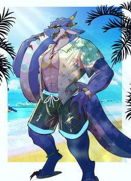 abs anthro beach blue_body bottomwear bracelet claws clothed clothing detailed_background eyewear facial_spikes floral_pattern flotation_device footwear hand_on_hip holding_object horn horn_markings jaw_spikes jewelry long_claws male markings muscular necklace open_clothing open_mouth open_shirt open_topwear outside pecs sandals sea shirt shoes shorts solo spikes spikes_(anatomy) sunglasses swim_ring tail topwear water yellow_markings dragonlove mythology liverty_(dragonlove) dragon mythological_creature mythological_scalie scalie wingless_dragon absurd_res digital_media_(artwork) hi_res