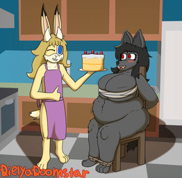anthro antlers apron bdsm big_breasts bondage bound breasts cake chair chair_bondage clothing dessert duo feeding female food fur furniture grey_body grey_fur horn huge_breasts kitchen male male/female obese overweight tan_body tan_fur wraps dielya_doomstar ekko_(dielyadoomstar) canid canine canis jackalope lagomorph mammal wolf hi_res