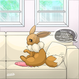 animal_genitalia animal_penis balls big_penis blush blush_lines bodily_fluids brown_body brown_eyes brown_fur canine_genitalia canine_penis dipstick_tail dripping embarrassed feral fur furniture genital_fluids genitals huge_penis knot knotted_penis male markings on_sofa penis precum precum_drip sitting sitting_on_sofa small_but_hung sofa solo speech_bubble sweat sweatdrop tail tail_markings tuft jackiewolf-6734 nintendo pokemon canid canine eevee generation_1_pokemon mammal pokemon_(species) 1:1 hi_res