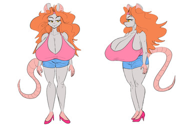 accessory anthro bare_shoulders big_breasts bottomwear breasts cleavage clothed clothing denim denim_bottomwear denim_clothing denim_shorts female footwear fur grey_body grey_fur hair headband high_heels hotpants huge_breasts long_hair multiple_angles orange_hair pink_clothing pink_footwear pink_headband pink_high_heels pink_shirt pink_tank_top pink_topwear shirt shoes shorts simple_background solo tail tank_top topwear white_background yellow_eyes boker vacanti_(boker) mammal murid murine rat rodent 3:2 model_sheet