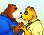 brown_body brown_fur duo eyes_closed eyewear fur glasses hand_holding hug licking male male/male nose_lick overweight overweight_male simple_background tongue tongue_out de2w morenatsu juuichi_mikazuki kounosuke_(morenatsu) bear canid canine mammal raccoon_dog tanuki 2014