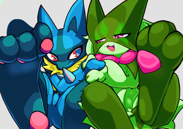 3_toes ambiguous_gender anthro black_body black_fur blue_body blue_ears blue_fur cat_smile duo feet flower_(anatomy) foot_focus fur green_body green_fur hand_holding mask open_mouth pawpads paws pink_eyes pink_nose red_eyes spikes toes yellow_body yellow_fur meowscaradameow nintendo pokemon generation_4_pokemon generation_9_pokemon lucario meowscarada pokemon_(species) 2026 hi_res