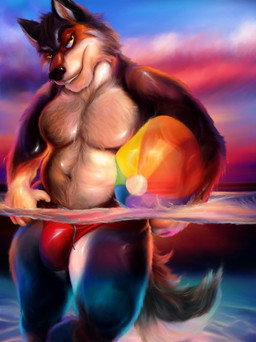 5_fingers anthro ball beach_ball brown_body brown_fur brown_nose bulge clothed clothing detailed_bulge eyebrows fingers fur genital_outline inflatable looking_at_viewer male multicolored_body multicolored_fur outside partially_submerged penis_outline sea sky slightly_chubby smile solo standing standing_in_water sun sunset swimwear tight_underwear topless two_tone_body two_tone_fur water yellow_eyes killianwalker canid canine canis mammal wolf 2021 hi_res