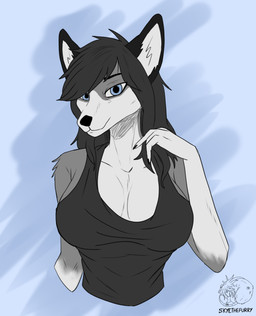 anthro black_body black_fur black_hair black_nails black_nose blue_eyes clothing colored_nails female fur grey_body grey_fur hair nails solo white_body white_fur allartskye canid canine canis mammal wolf hi_res