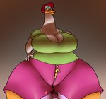 ambiguous_gender anthro beak big_breasts bottomwear breasts clothing duo female female_focus hair huge_breasts huge_thighs mature_female red_hair shirt shorts solo_focus thick_thighs topwear white_body zipper jovi_cap jovi_cap_(oc) katie_(jovi_cap) anatid anseriform avian bird duck lagomorph leporid mammal rabbit hi_res