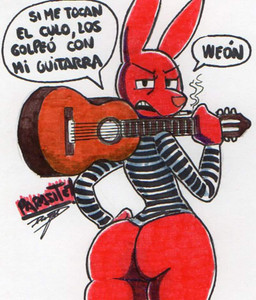 acoustic_guitar angry anthro big_butt bottomless butt clothed clothing dialogue guitar looking_at_viewer male musical_instrument pattern_clothing pattern_shirt pattern_topwear plucked_string_instrument red_body shirt simple_background solo string_instrument striped_clothing striped_shirt striped_topwear stripes tailless text thick_thighs topwear parasitedeath 31_minutos juan_carlos_bodoque lagomorph leporid mammal rabbit spanish_text traditional_media_(artwork) translated