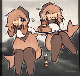 :3 anthro bangs brown_body brown_clothing brown_eyes brown_hair brown_legwear brown_stockings clothing color_swatch cute_fangs eating eyelashes eyes_closed fangs female fish_tail food hair heart_symbol holding_object legwear long_ears looking_away markings medium_hair midair open_mouth open_smile pancake photo_background shirt smile solo standing stockings tan_markings teeth thick_thighs topwear vixenisdum aquatic canid canine canis domestic_dog fish hybrid mammal colored colored_sketch digital_drawing_(artwork) digital_media_(artwork) flat_colors hi_res mixed_media model_sheet photography_(artwork) sketch