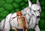 anthro blood bodily_fluids cosplay duo feral male fujiokaaika ghibli princess_mononoke canid canine canis felid mammal pantherine tiger wolf