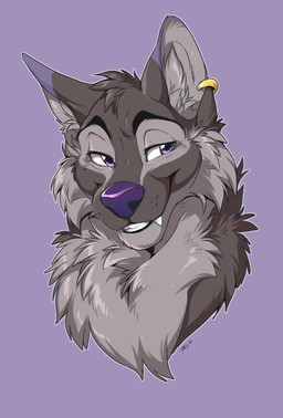 anthro bedroom_eyes cheek_tuft ear_piercing ear_ring facial_tuft fluffy fluffy_chest fur grey_body grey_fur half-closed_eyes head_tuft inner_ear_fluff male multicolored_body multicolored_fur narrowed_eyes piercing pointy_ears purple_background purple_body purple_eyes purple_fur purple_nose ring_piercing seductive simple_background smile snaggle_tooth solo teeth_showing tuft whisker_spots dagger_leonelli dl_wolf_(dl2288) canid canine canis mammal wolf hi_res