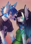 anthro blue_body blue_eyes blue_fur blush duo female fur green_eyes male male/female tattoo tongue tongue_out white_body white_fur dancrescentwolf ithilwen_galanodel marama canid canine canis mammal wolf absurd_res hi_res