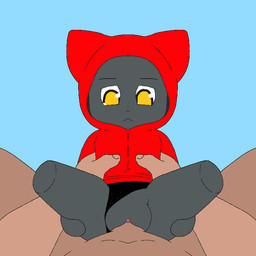 black_clothing black_panties black_underwear clothing duo female grey_body hoodie male male/female panties plushie red_clothing red_hoodie red_topwear size_difference topwear underwear vaginal ace_core felid feline humanoid mammal