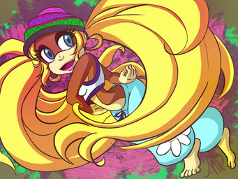 5_toes anthro barefoot biped blonde_hair blue_eyes brown_body brown_fur clothing ear_piercing ear_ring feet female fur hair hat headgear headwear hoop_ear_ring lipstick long_hair makeup midriff piercing ring_piercing solo toes askprincessplum donkey_kong_(series) nintendo tiny_kong haplorhine mammal monkey primate 4:3 hi_res signature