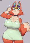 anthro biped blonde_hair blue_eyes blue_inner_ear blush breasts chest_tuft clothed clothing eyewear eyewear_on_head facial_tuft female fur gesture glistening_eyelids grey_background hair hand_gesture heart_symbol looking_at_viewer multicolored_body multicolored_fur orange_body orange_ears orange_fur pawpads simple_background smile solo sunglasses sunglasses_on_head tan_body tan_fur tuft two_tone_body two_tone_face two_tone_fur two_tone_tail v_sign yellow_eyelids sususuigi animal_crossing nintendo audie_(animal_crossing) canid canine canis mammal wolf digital_drawing_(artwork) digital_media_(artwork) hi_res signature