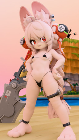 animal_ears anthro areola bikini biped braided_hair breasts clothed clothing detailed_background eyelashes female hair hands_on_hips loli outside pupils red_eyes smile solo swimwear thick_thighs two-piece_swimsuit weapon young twintails3d mihoyo zenless_zone_zero zhao lagomorph leporid mammal rabbit 3d_(artwork) 4k 9:16 absurd_res digital_media_(artwork) hi_res