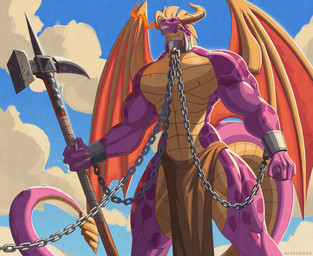 anthro anthrofied bottomwear chain clothing collar grin hammer horn loincloth male membrane_(anatomy) membranous_wings metal_collar multicolored_body multicolored_scales muscular muscular_anthro muscular_male purple_body purple_scales scales smile solo tools two_tone_body two_tone_scales wings yellow_body yellow_scales hiverdose activision mythology spyro_the_dragon spyro dragon mythological_creature mythological_scalie scalie hi_res