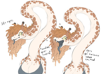 anthro big_breasts breasts brown_hair brown_spots cleavage clothed clothing dreadlocks fangs female forked_tongue fur hair horn long_neck markings open_mouth open_smile ossicone pupils shirt slit_pupils smile solo spots spotted_body spotted_fur spotted_markings tan_body tan_fur tank_top teeth text tongue tongue_out topwear wide_eyed dullvivid giraffe giraffid hybrid mammal reptile scalie snake english_text hi_res