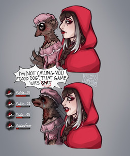 angry anthro bangs black_eyes black_hair black_nose blood_on_dress blush blush_lines bodily_fluids braided_hair brown_body brown_fur cloak closed_smile clothed clothed_anthro clothed_female clothed_human clothed_male clothing cosplay crying dress duo ear_piercing ear_wag eyelashes female fur grey_background hair hat headgear headwear highlights_(coloring) hooded_cloak hud lips long_hair male male_anthro markings mole_(marking) motion_lines mouth_closed multicolored_body piercing pink_clothing pink_dress pink_hat pink_headwear pink_tongue profanity red_cloak red_clothing red_lips side_view simple_background smile smiling_at_another sparkles sparkling_eyes speech_bubble tail tail_motion tailwag talking_to_another tan_body tan_skin tears tears_of_sadness teeth text tongue torn_clothing torn_dress two_tone_body white_highlights glossopho dead_by_daylight fairy_tales i'm_not_calling_you_"good_boy" little_red_riding_hood_(copyright) big_bad_wolf little_red_riding_hood sable_ward the_unknown_(dead_by_daylight) canid canine canis human mammal wolf 2024 5:6 artist_name colored crossover digital_drawing_(artwork) digital_media_(artwork) english_description english_text hi_res icon multiple_scenes shaded nonbinary_(lore)