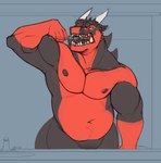 anthro bathroom black_body black_nipples black_scales brush brushing brushing_teeth gloves_(marking) male markings mirror navel nipples nude pecs red_body red_scales reflection scales solo chibsarts mythology chiderg dragon mythological_creature mythological_scalie scalie hi_res