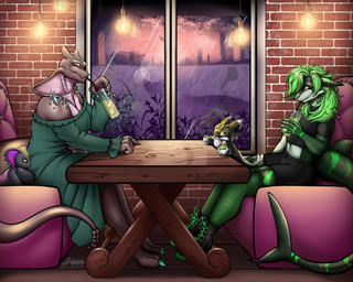 alcohol anthro beverage big_butt butt cafe city city_background clothed clothed_anthro clothed_female clothed_male clothing cocktail cocktail_glass container cup detailing drinking_glass duo female femboy furniture glass glass_container glass_cup green_body green_eyes green_hair hair male male/female on_sofa plushie shadow sitting sitting_on_sofa sofa sunset dreampill mythology grenzeshark otto_(waffensl) aquatic dragon fish mythological_creature mythological_scalie reptile scalie shark snake 5:4 absurd_res hi_res shaded shaded_line_art