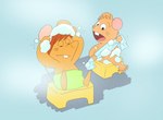 anthro bathing biped brown_body brown_hair chibi duo eyes_closed hair open_mouth sitting towel hikari_gamba gamba_no_bouken gamba_no_bouken_(series) ganba ikasama mammal mouse murid murine rodent 2024 hi_res