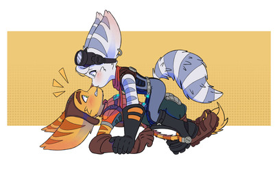 big_butt blue_eyes blush boots butt clothing duo ear_piercing eyewear eyewear_on_head female female_on_top footwear fur gloves goggles goggles_on_head green_eyes handwear kiss_on_nose kissing love male male/female male_on_bottom on_bottom on_top on_top_of piercing romantic romantic_ambiance romantic_couple scarf shoes straddling surprised white_body white_fur yellow_body yellow_fur paxtiankenya wolfchalk insomniac_games ratchet_and_clank sony_corporation sony_interactive_entertainment ratchet_(ratchet_and_clank) rivet_(ratchet_and_clank) lombax mammal absurd_res hi_res