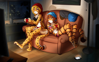 :3 amber_eyes anthro black_pawpads blonde_hair bra breasts brown_hair casual_exposure cellphone clothed clothing controller convenient_censorship countershading curled_up dark digitigrade drinking duo electronics feet female food fur furniture game_controller gaming hair holding_controller holding_object inside long_hair lying markings multicolored_body multicolored_fur night nuka-cola on_back orange_body orange_fur panties pawpads paws phone playing_video_game popcorn raining sitting smile sofa spots spotted_body spotted_fur striped_body striped_fur stripes tail toes topless towel towel_on_head towel_wrap underwear wet white_body white_fur yellow_body yellow_fur conditional_dnp tom_fischbach fallout microsoft twokinds flora_(twokinds) mihari cheetah felid feline keidran mammal pantherine tiger 16:10 2015 censored colored hi_res widescreen
